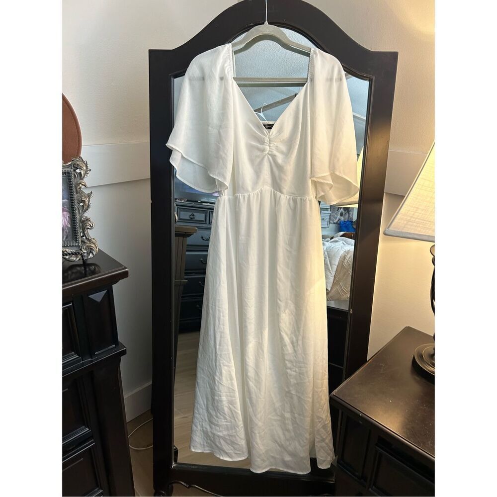 NEW Short Sleeve Bow Tie V Neck Ruffle Midi Flowy Dress L - Picture 3 of 7